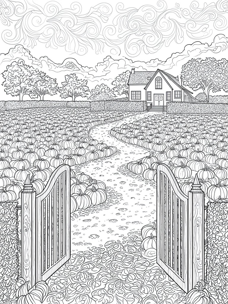 Open gates frame path through pumpkin patch to distant farmhouse under swirly sky.