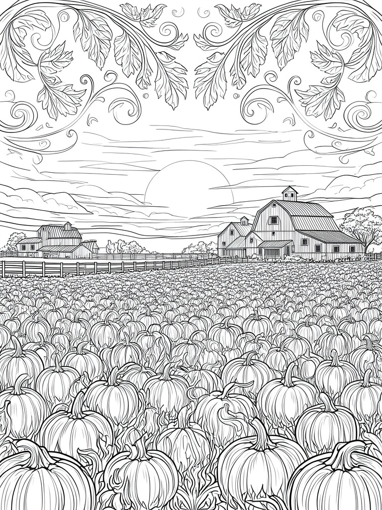 Black-and-white line art of pumpkin field, barns, fence, and sunset sky