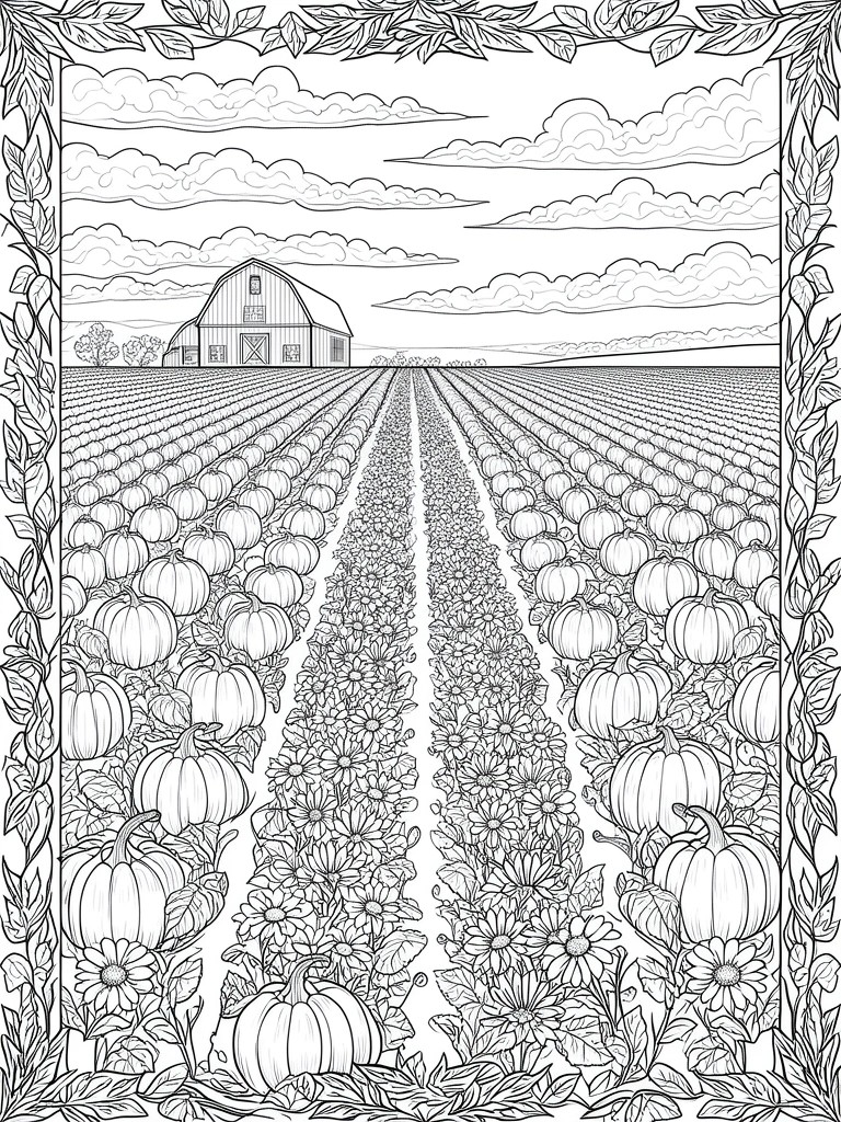 Line drawing of barn overlooking pumpkin fields with flower paths and leafy border.