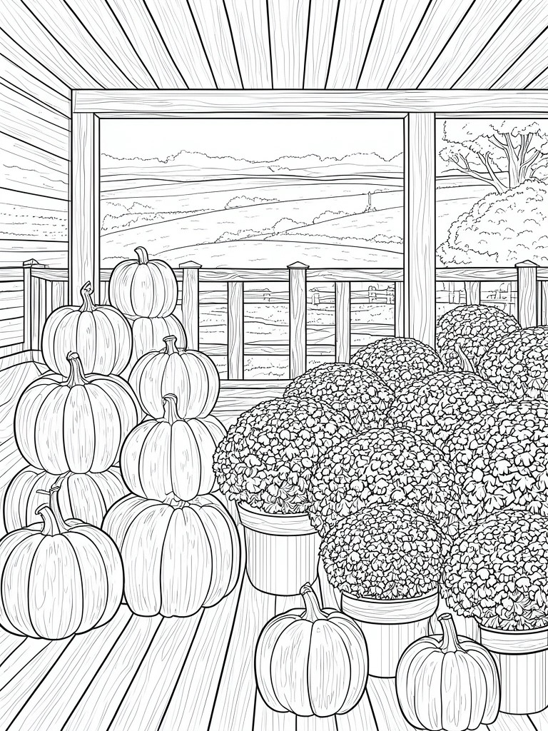 Coloring page of pumpkins and flowers on wooden porch overlooking rural landscape.