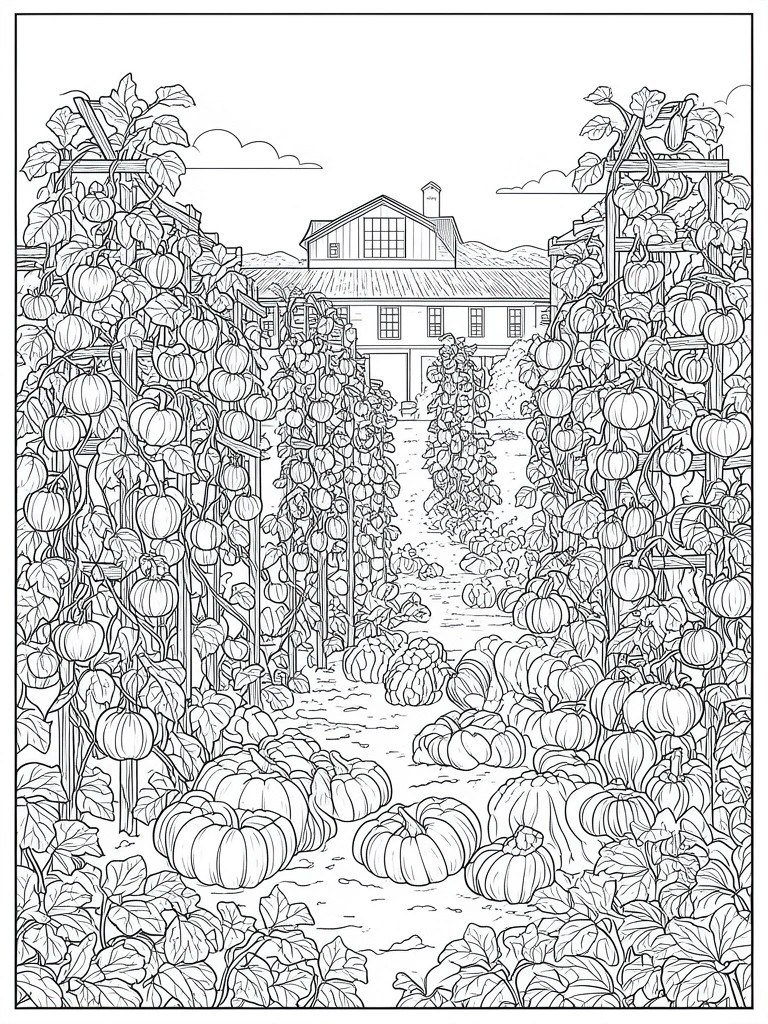A black and white line drawing of a farm path surrounded by pumpkin vines growing on wooden trellises with a barn visible at the end.
