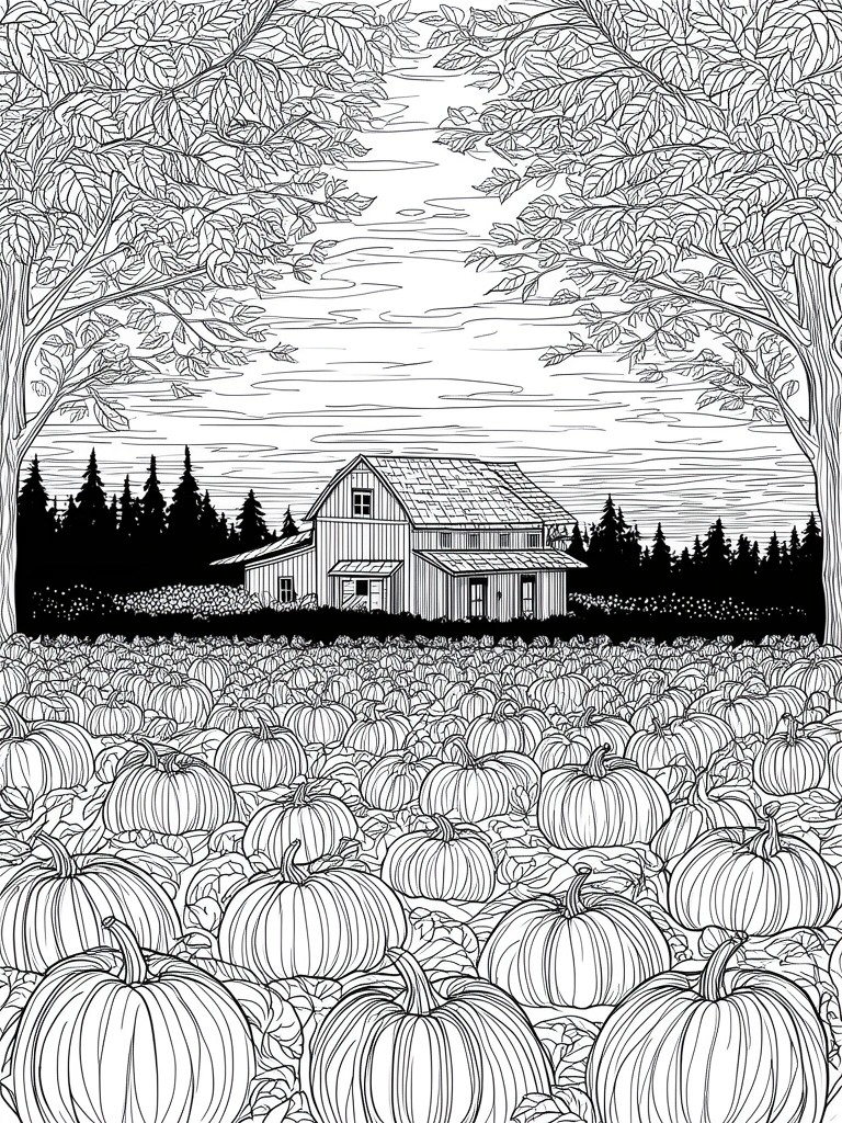 Black and white line art of a barn amid a vast pumpkin patch with trees.