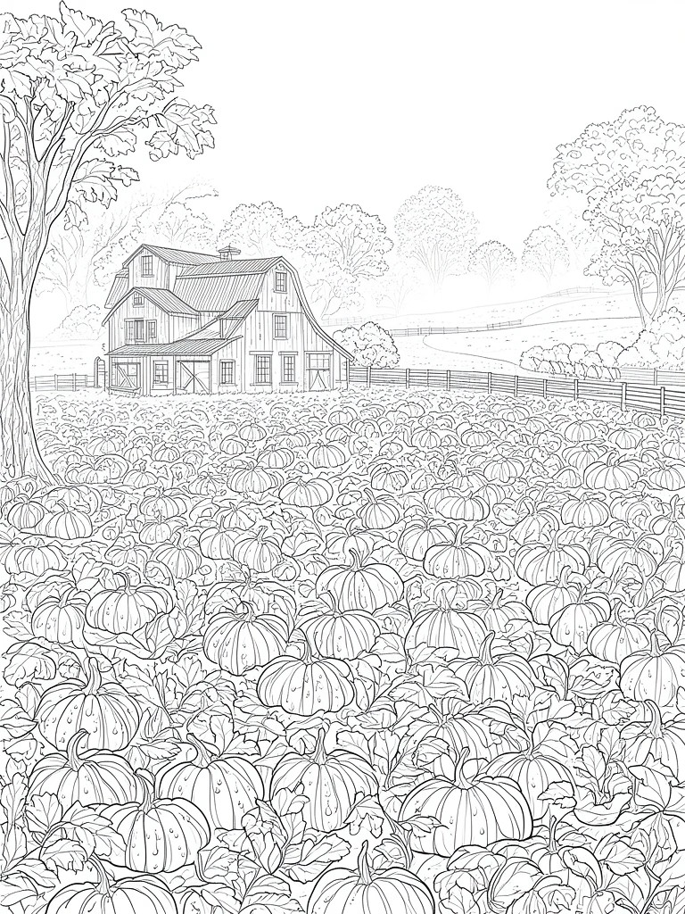 Coloring book line art of a barn behind a vast pumpkin patch with trees and fences.