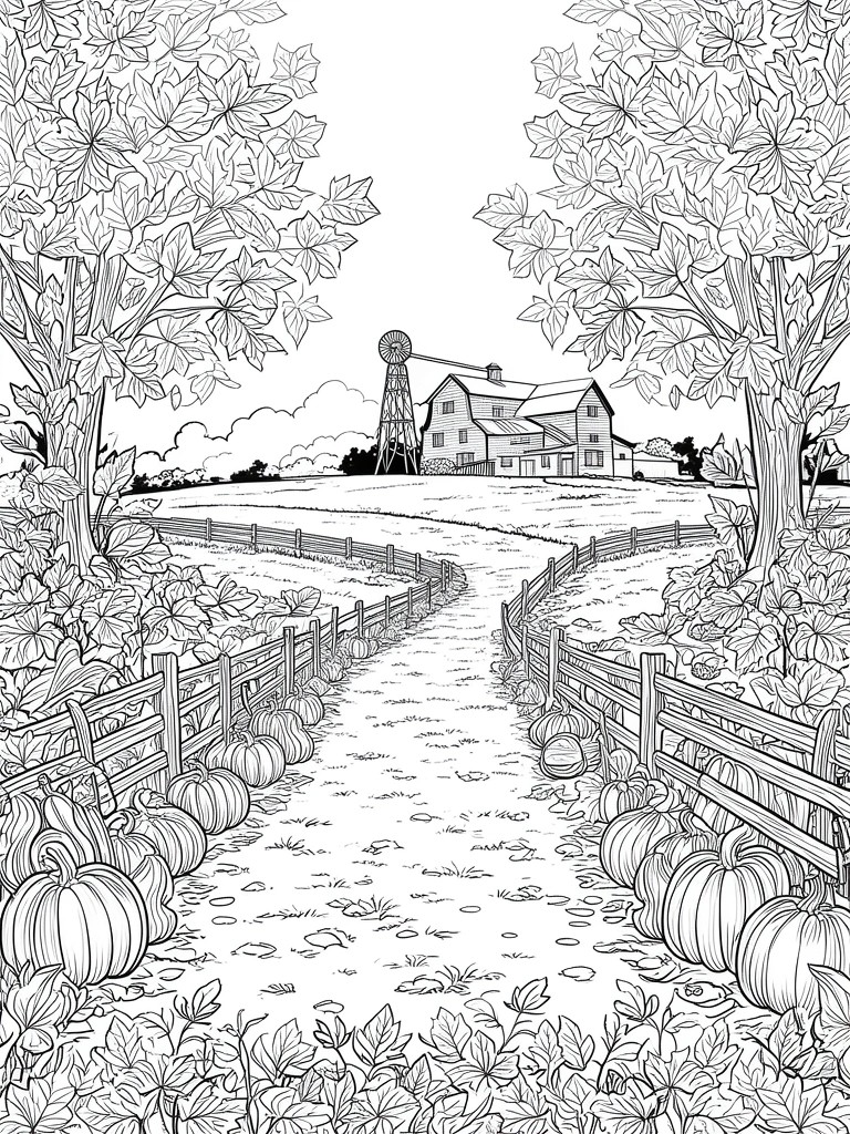 Coloring page line art of pumpkin-lined path to barn with windmill and trees.