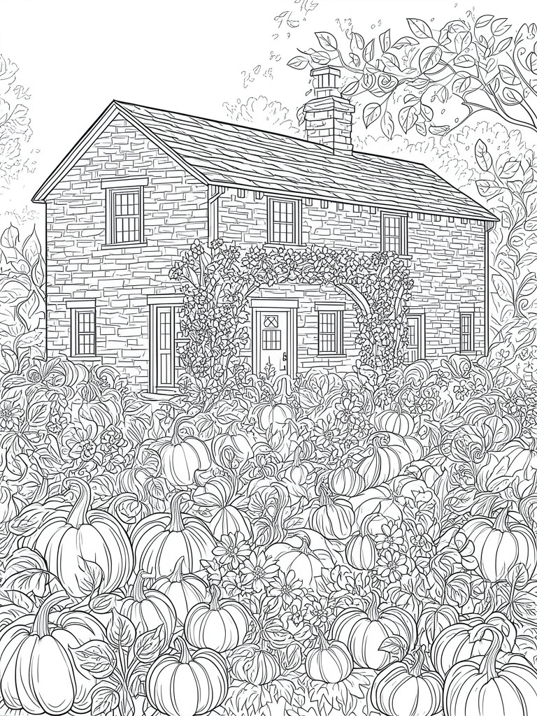 A line drawing of a stone farmhouse with a chimney, windows, and door, surrounded by a dense patch of pumpkins, flowers, and trees.