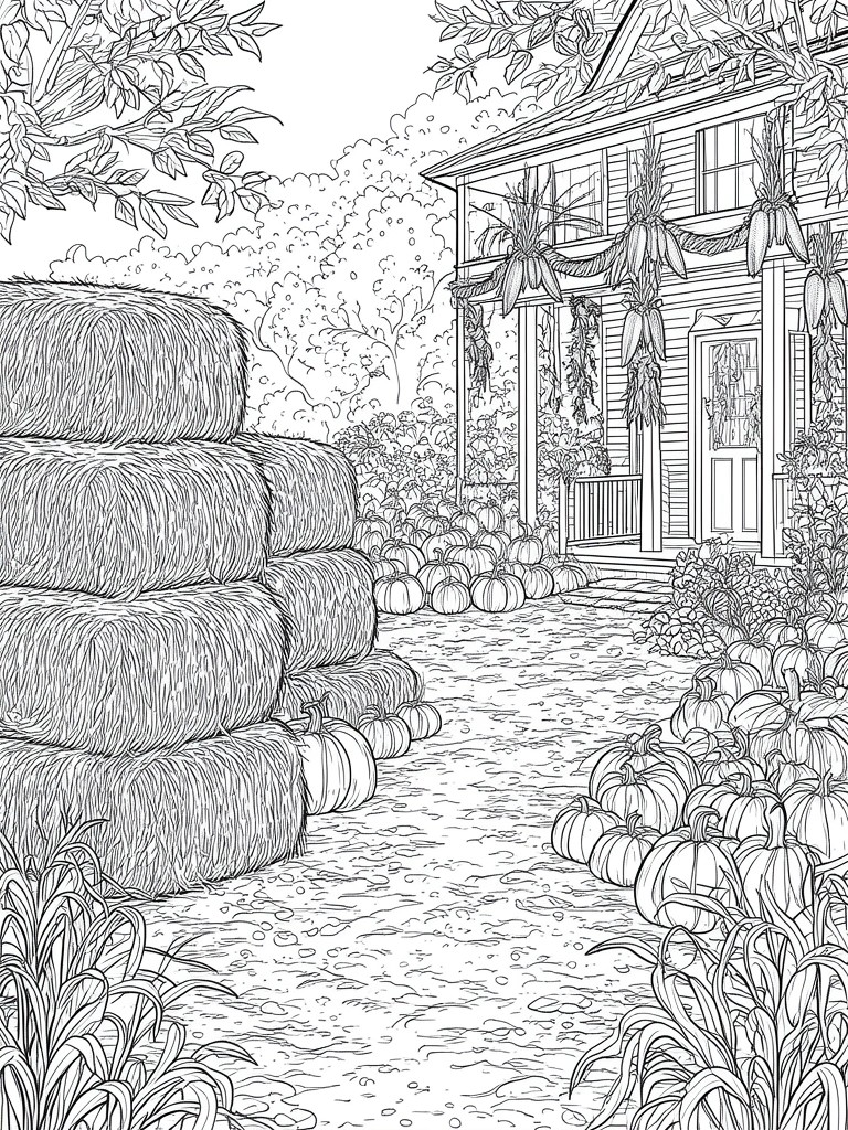 Black and white line drawing of a farmhouse porch decorated with corn stalks, a dirt path lined with pumpkins, and stacked hay bales on the left.