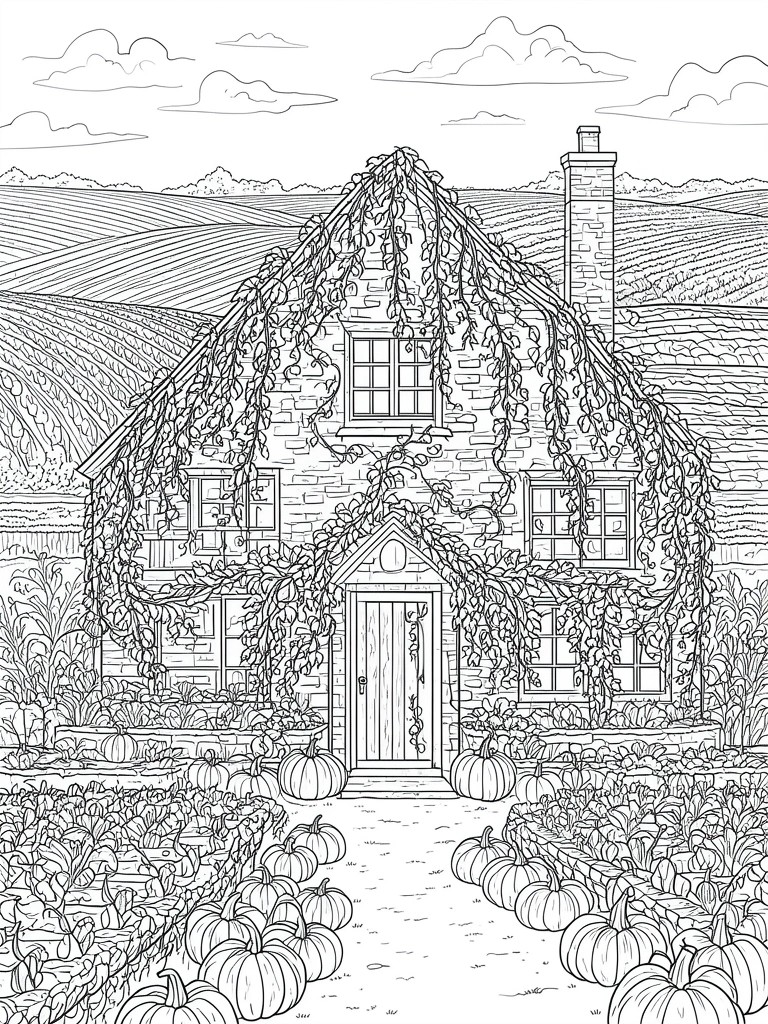 A black and white line drawing of a vine-covered stone farmhouse with pumpkins scattered in the garden and fields behind it.