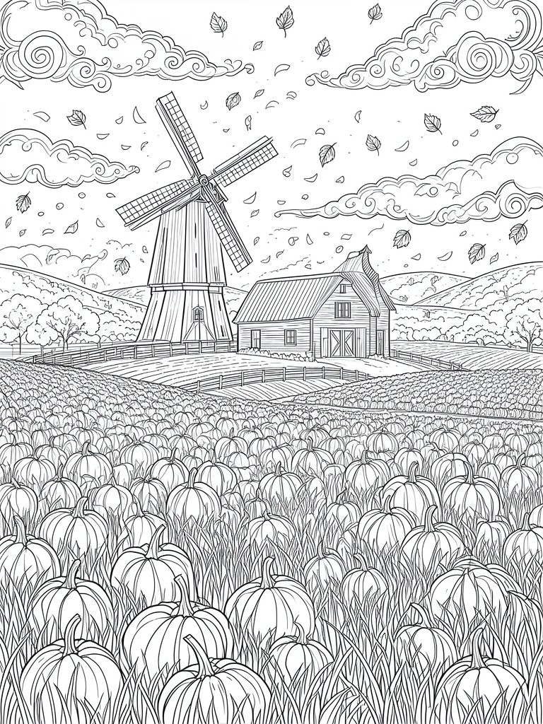 Black-and-white line drawing of windmill, barn, and pumpkin field with falling leaves.