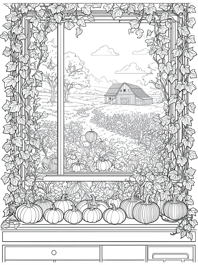Coloring page of ivy-framed window overlooking barn and pumpkin patch