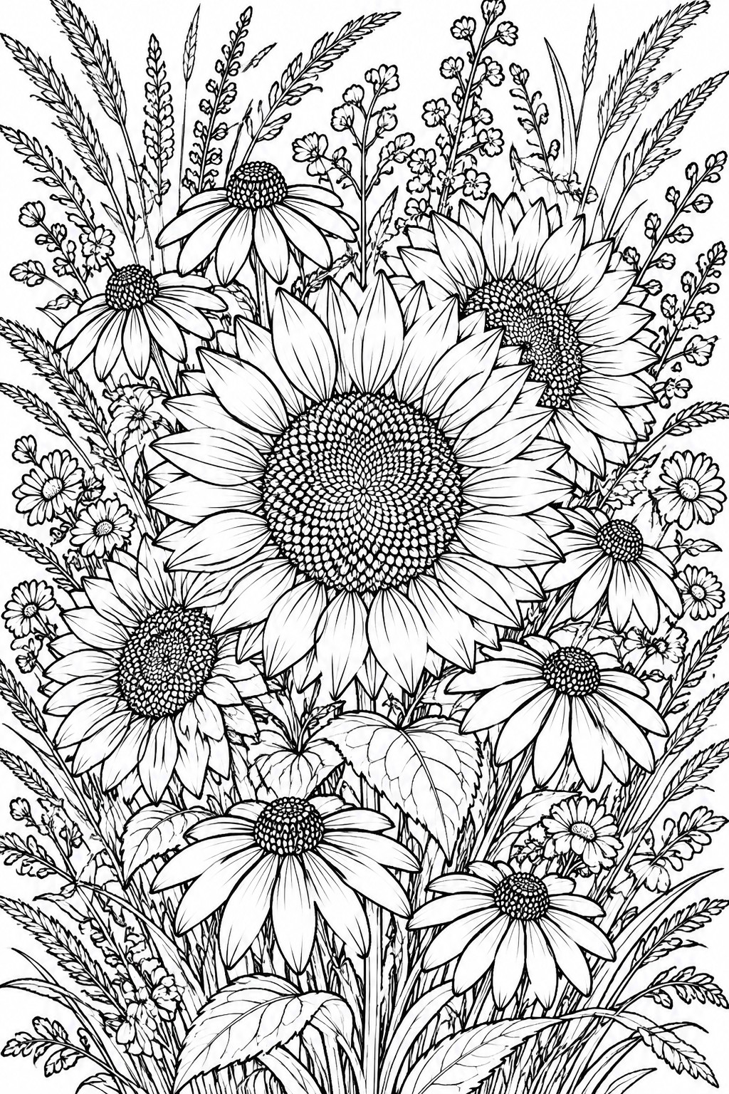 A black and white line drawing of a dense bouquet of sunflowers, coneflowers, daisies, and wild grasses.