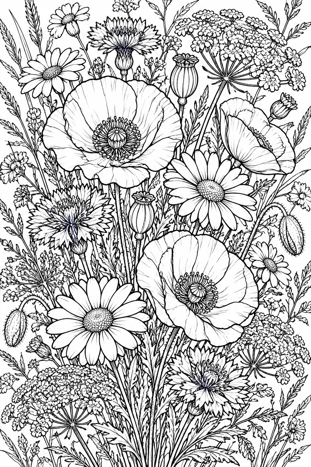 Black and white line drawing of a dense wildflower bouquet with poppies, daisies, umbels, and seed pods.