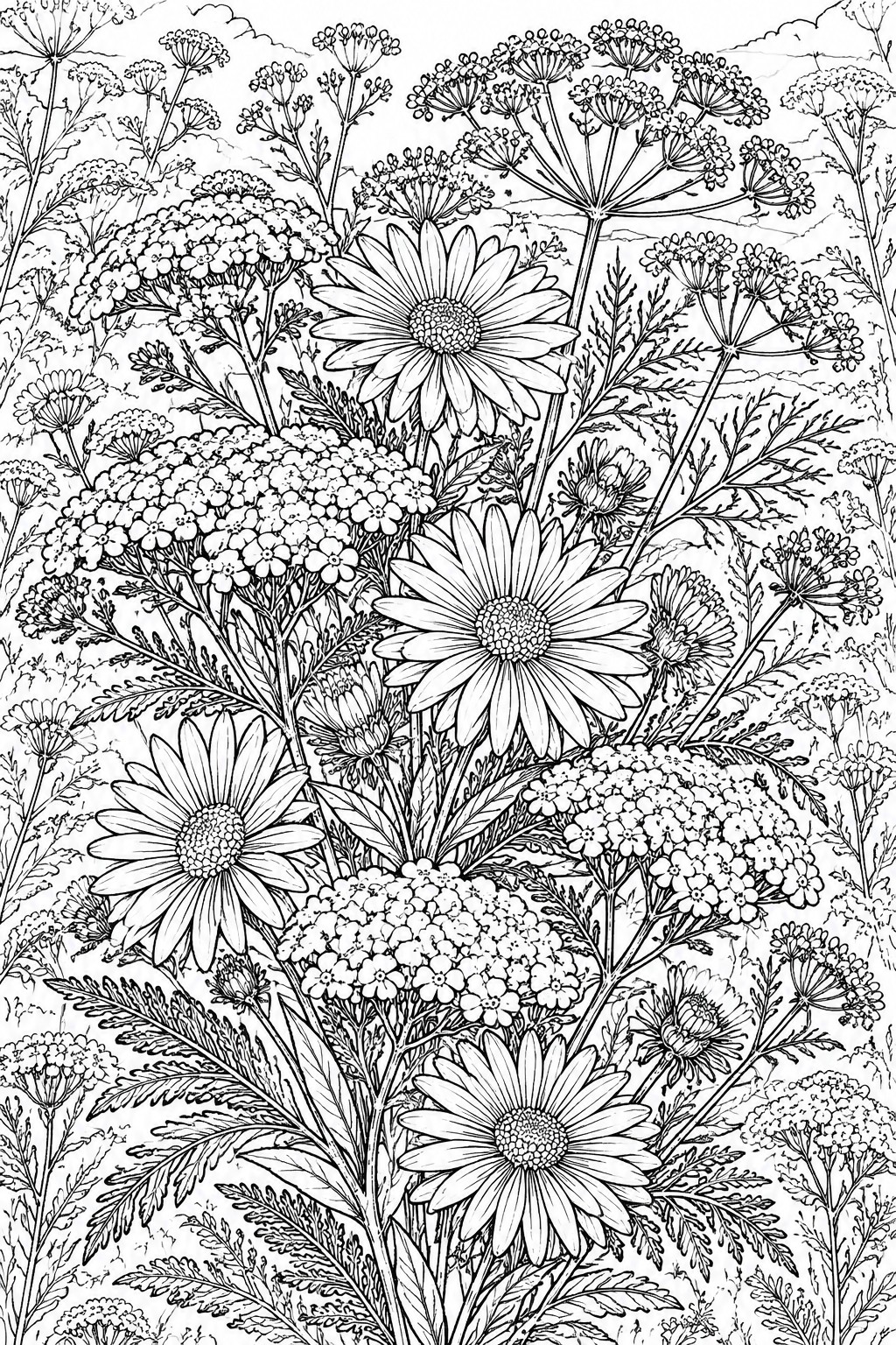 A black and white line drawing of mixed wildflowers including daisies and small clustered blooms with leaves filling the entire page.