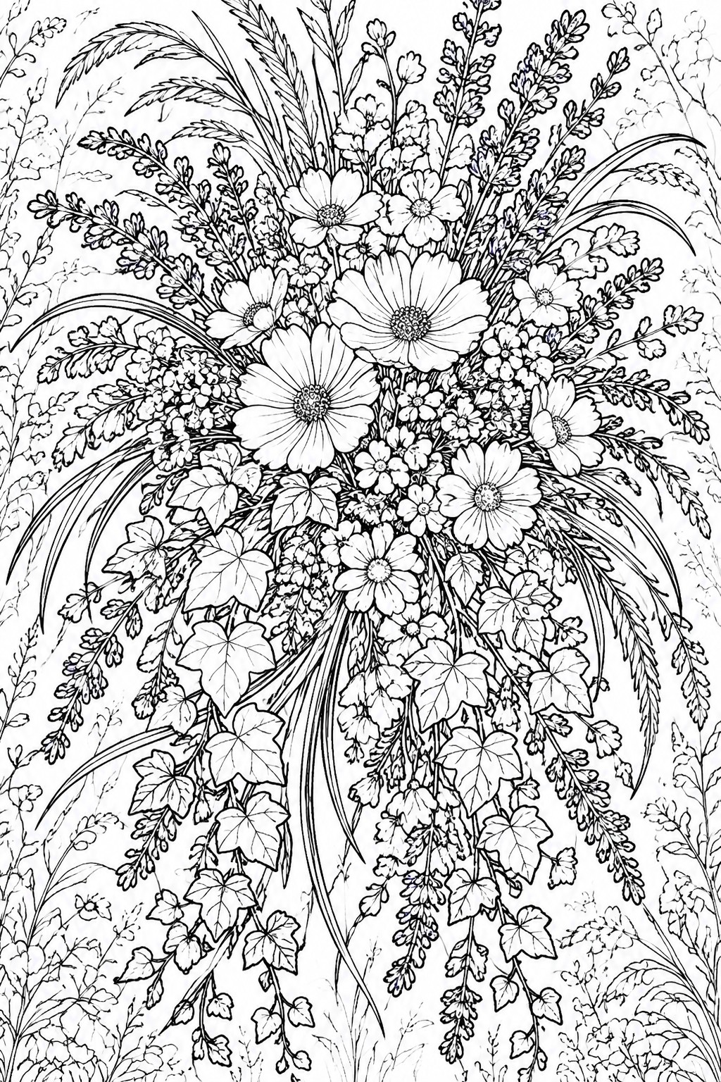 Intricate black-and-white line drawing of a wildflower bouquet with daisies and ivy.