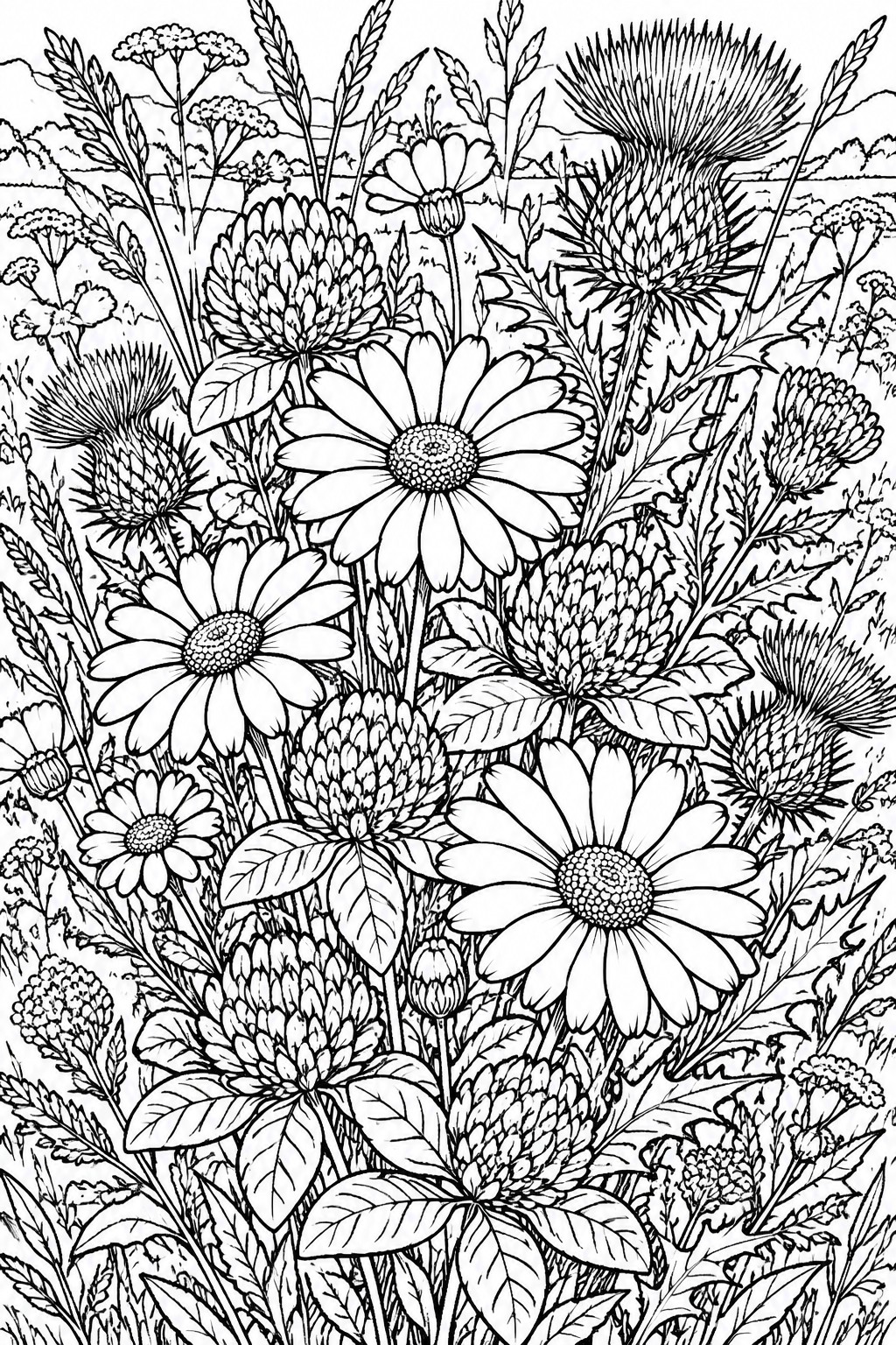 Detailed black and white line art of wildflowers and meadow foliage.