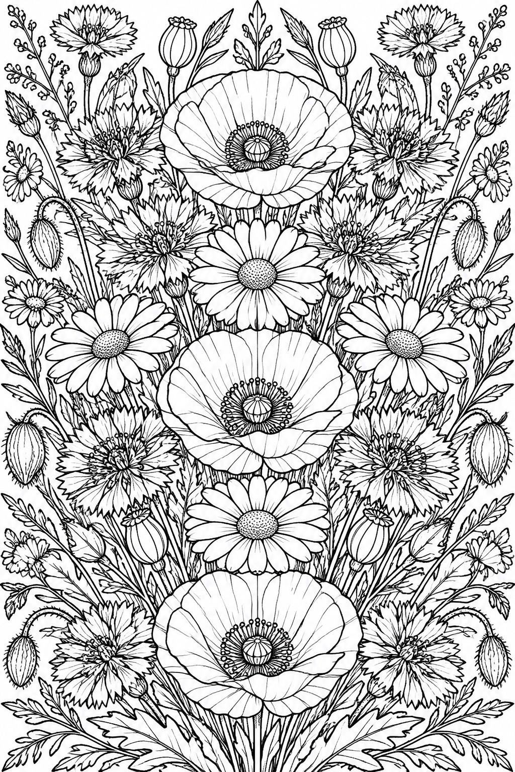 Detailed black and white line art of wildflowers with poppies and daisies