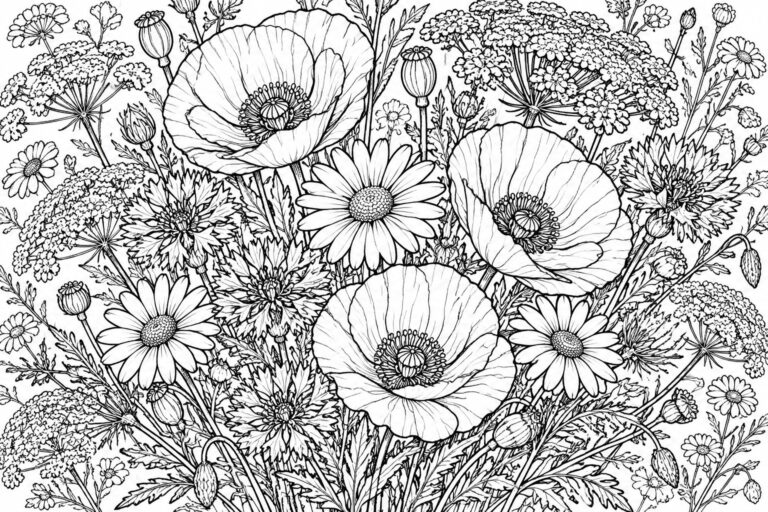 18 Beautiful Flower Coloring Pages for Adults Filled With Wildflower Bouquets Black and white line drawing of a dense wildflower bouquet with poppies, daisies, umbels, and seed pods.