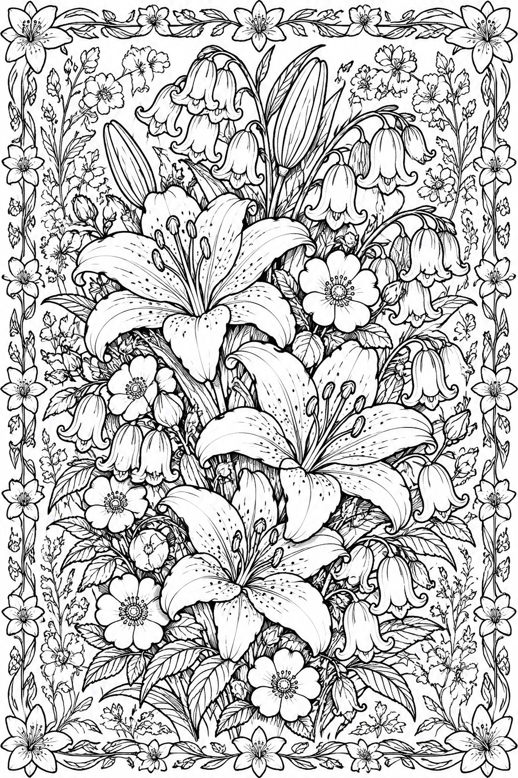 Intricate black and white line drawing of lilies, bellflowers, and foliage.