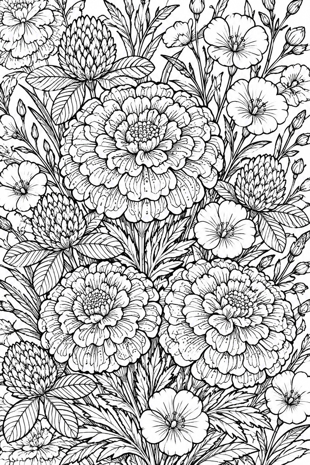 Black and white line art of a dense bouquet filled with different flowers like peonies, daisies, and chrysanthemums along with leaves and stems.