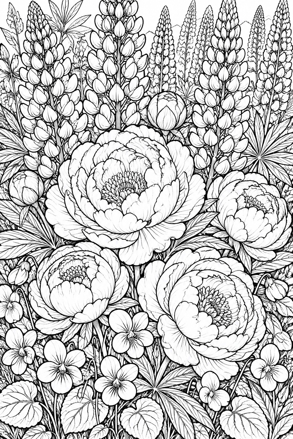 Intricate black and white line drawing of dense blooming peonies, lupines, and violets.