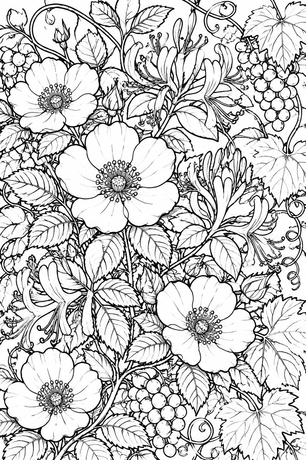 A black and white line drawing of a dense floral arrangement with roses, lilies, leaves, and grape clusters.