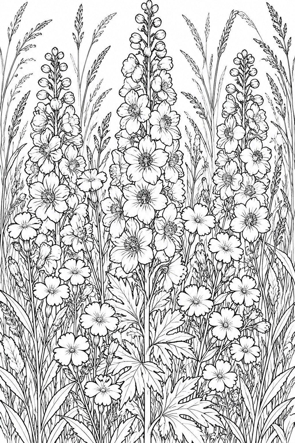 Detailed black and white line art of tall wildflowers with leaves and grasses