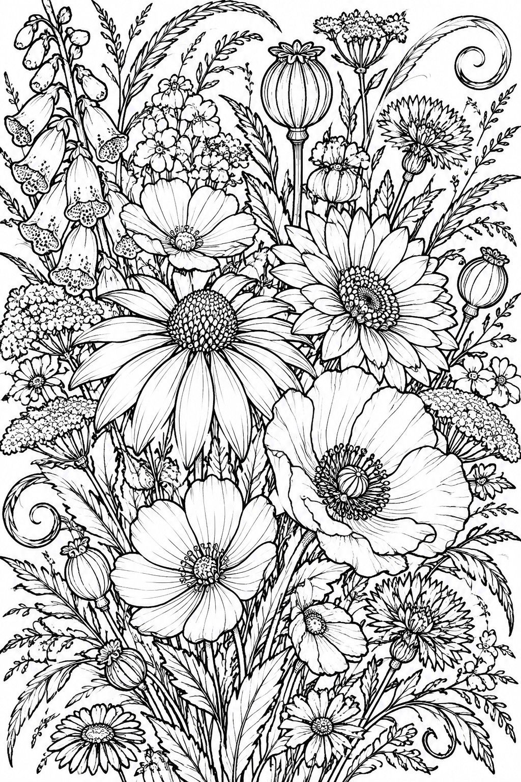 Intricate black and white line drawing of assorted wildflowers, foliage and seed pods