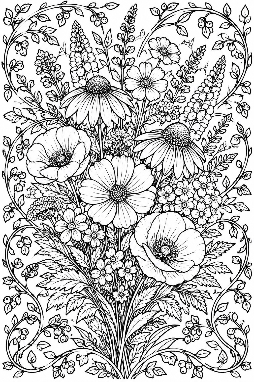 Black and white line drawing of poppies, daisies, coneflowers and berry vines.