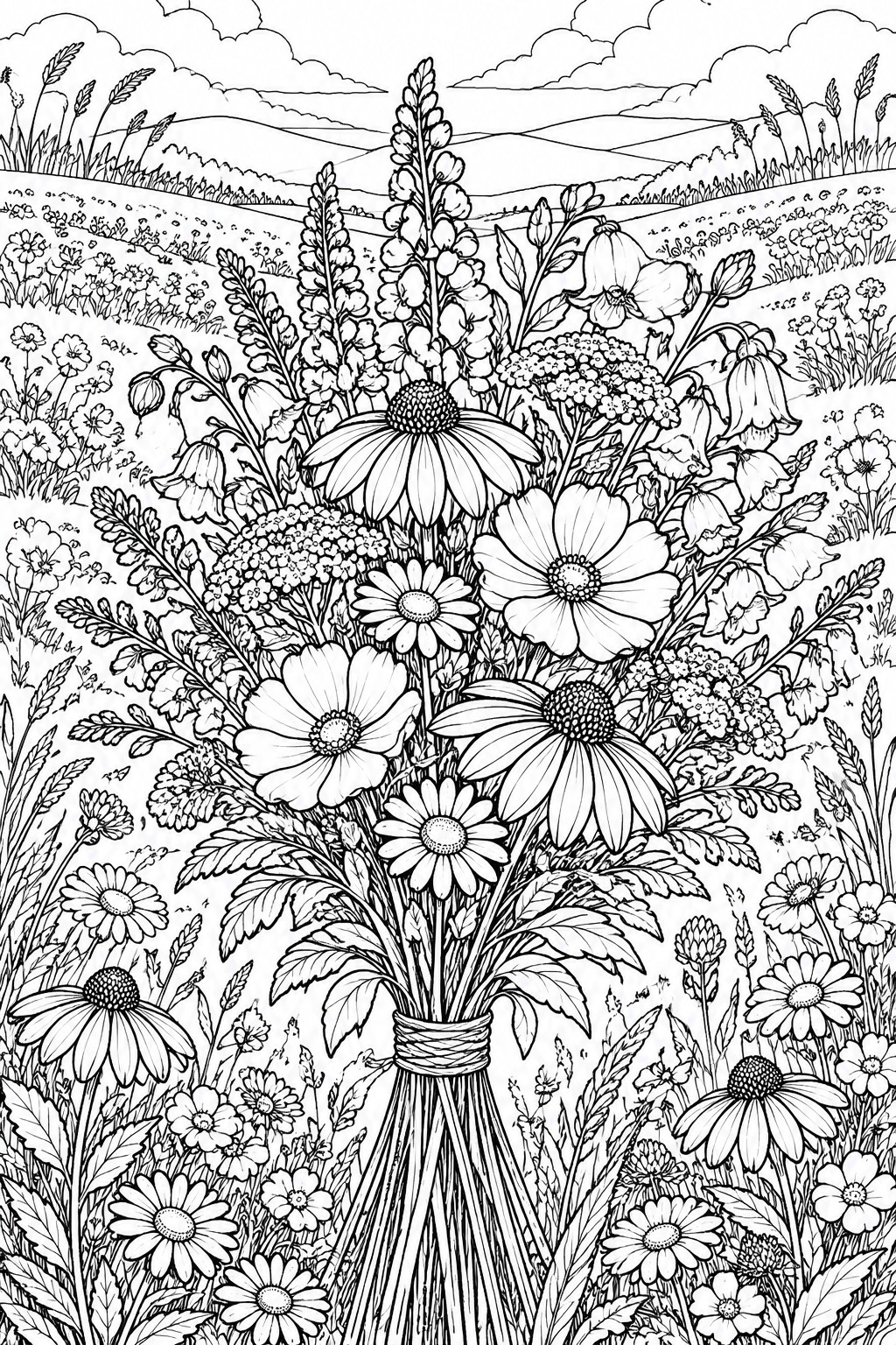 Detailed black-and-white line art of a tied wildflower bouquet in a meadow
