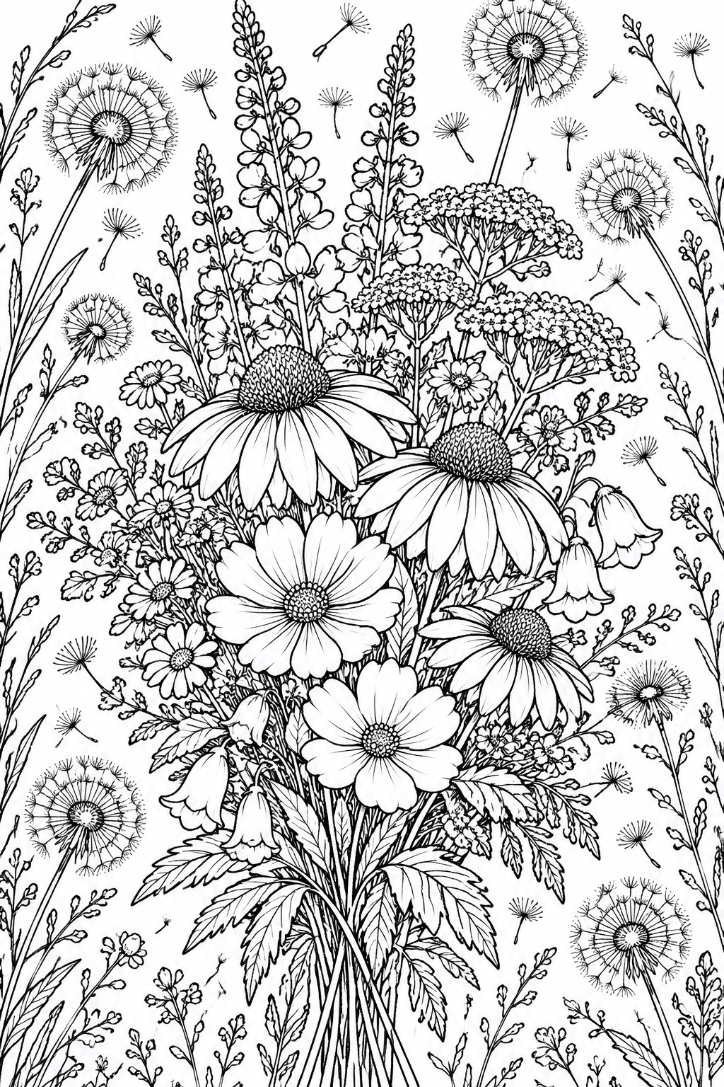 A black and white line drawing of a dense wildflower bouquet with daisies, coneflowers, bell flowers, and scattered dandelion seed heads.