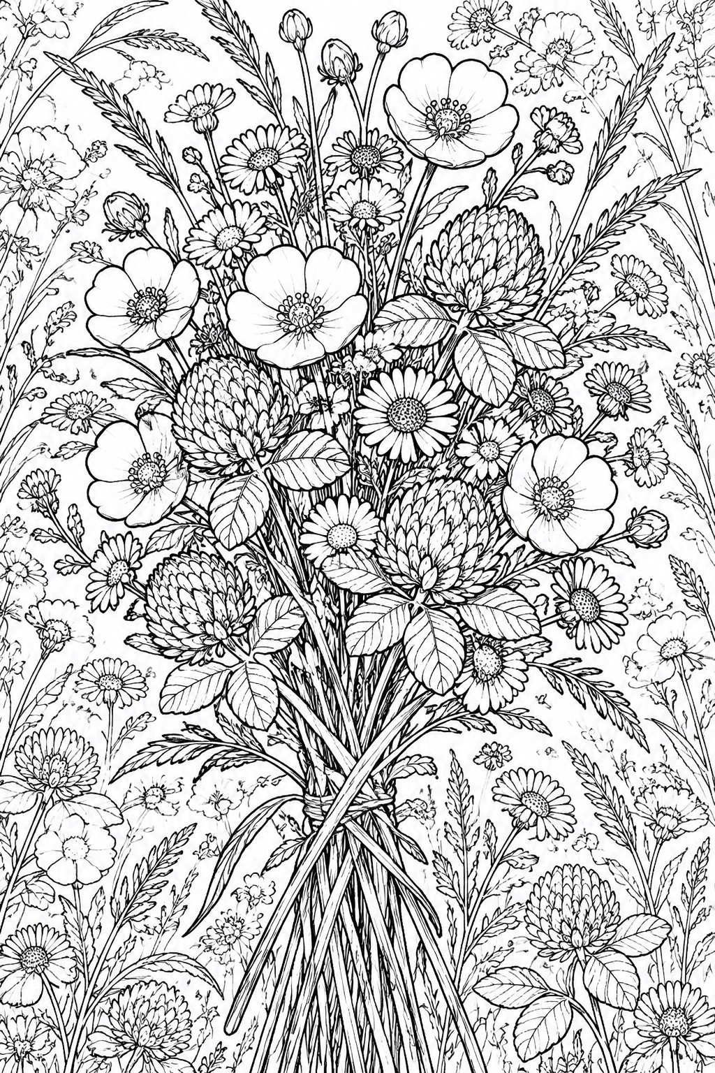 Black and white line drawing of a large tied bouquet of wildflowers