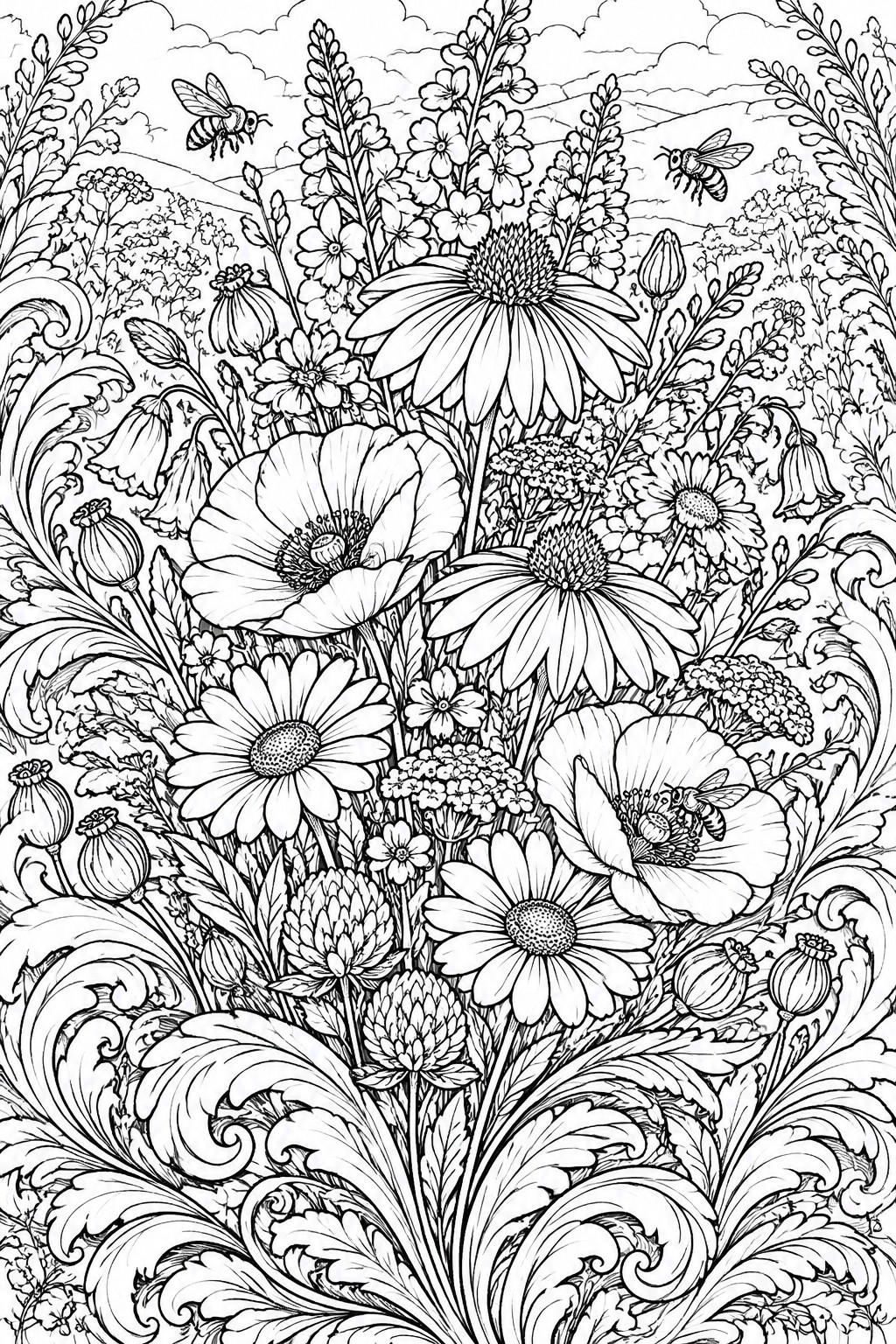 A black and white coloring page showing a dense wildflower meadow with poppies, daisies, bees, and swirling leaves in front of hills.