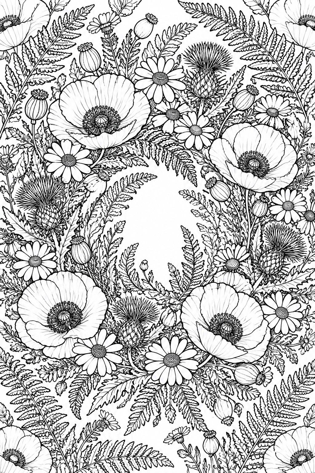 Intricate black and white line drawing of poppies and daisies in a floral wreath