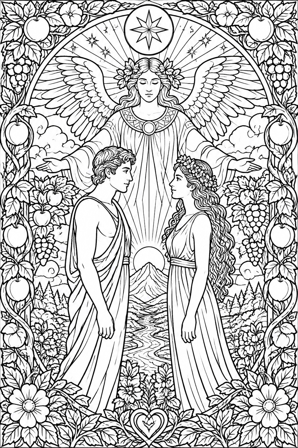Winged angel blessing robed couple amid fruit vines, mountains, and starry halo border