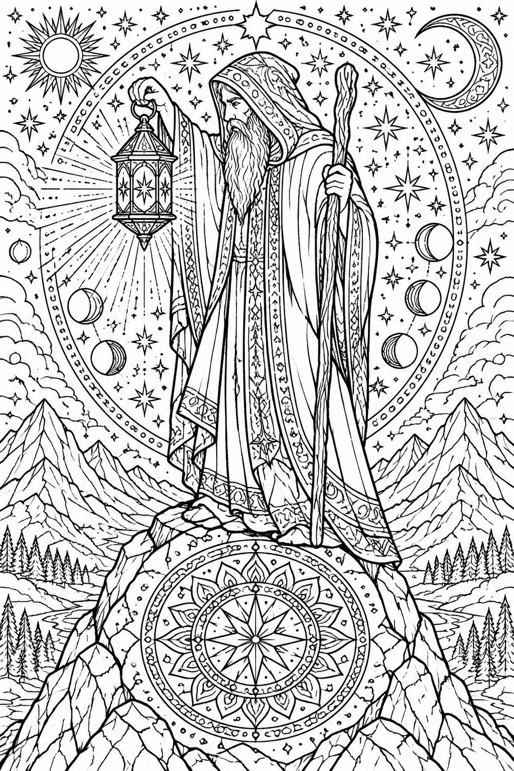 Bearded wizard in patterned robe holds lantern and staff on mandala rock under celestial sky.