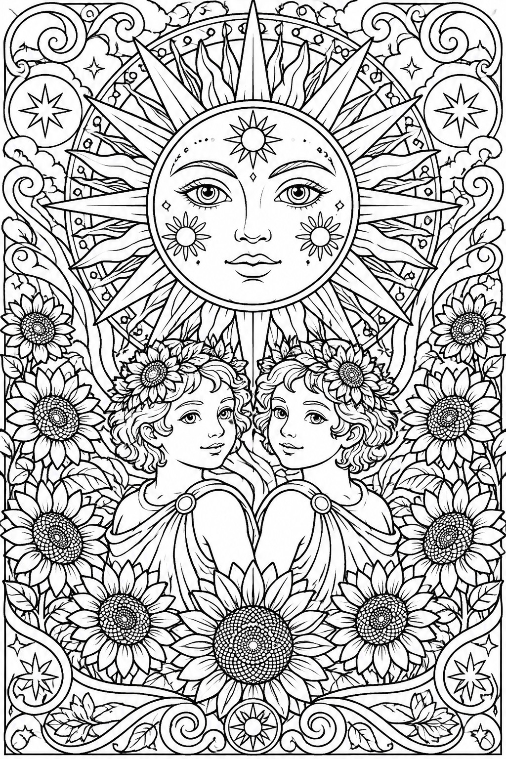 Intricate line art of sun face above two flower-crowned children amid blooming sunflowers and swirls.