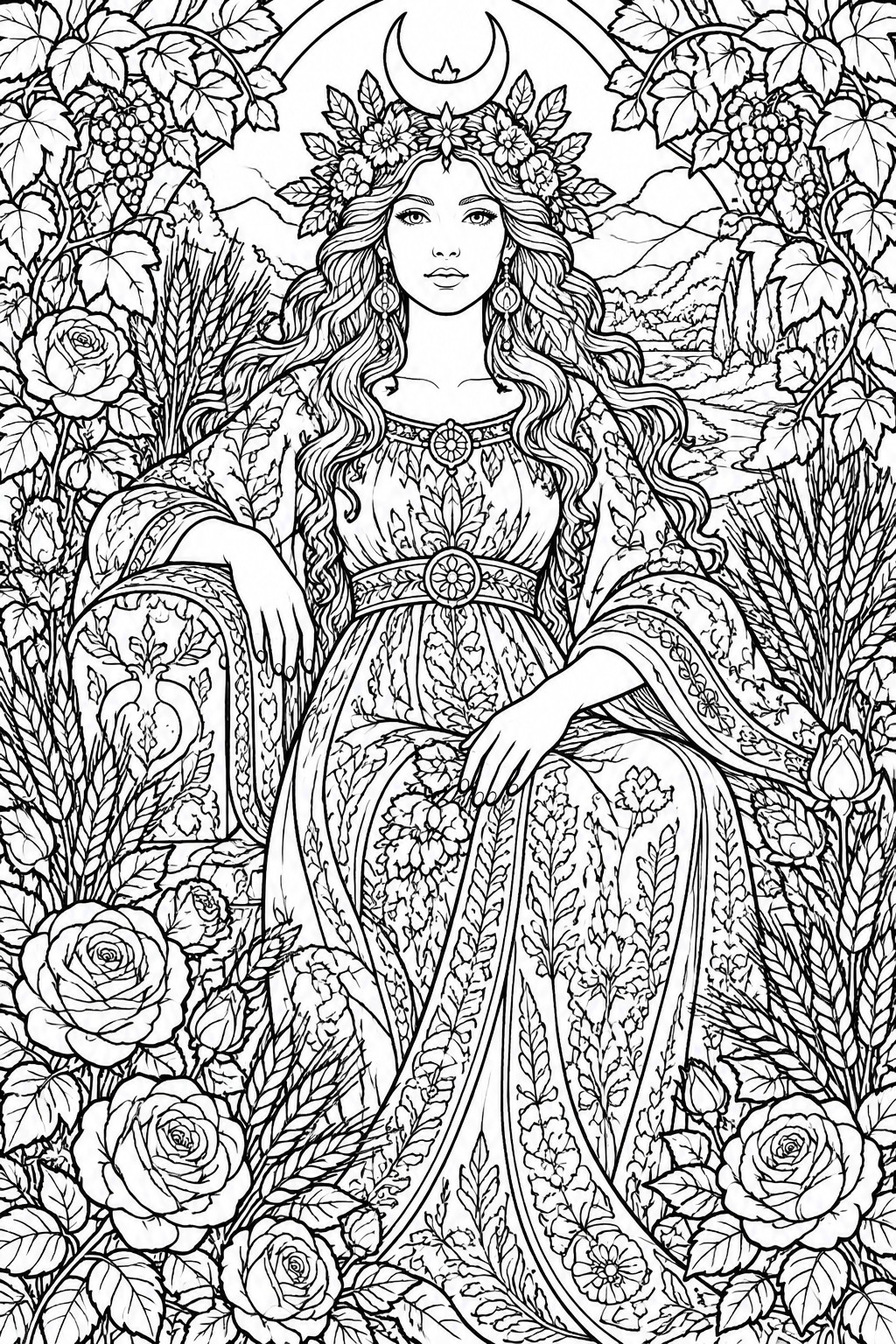 A black and white line drawing of a seated woman with long hair, crescent moon crown, and floral dress surrounded by roses and landscape elements.