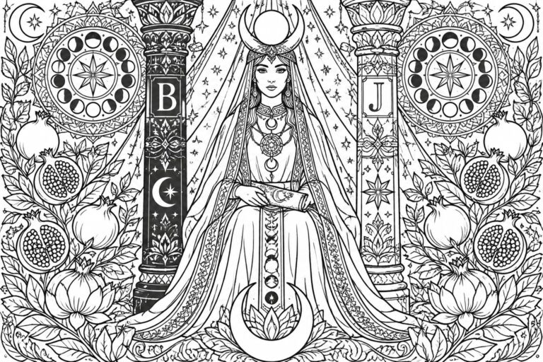 Intricate black-and-white line art of crowned woman between B and J pillars with moons and pomegranates.