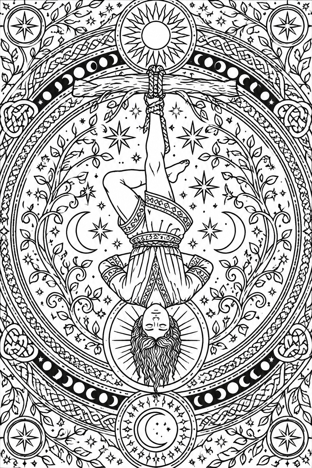 Intricate black-and-white line art of upside-down yogi holding sun staff amid stars and moons.