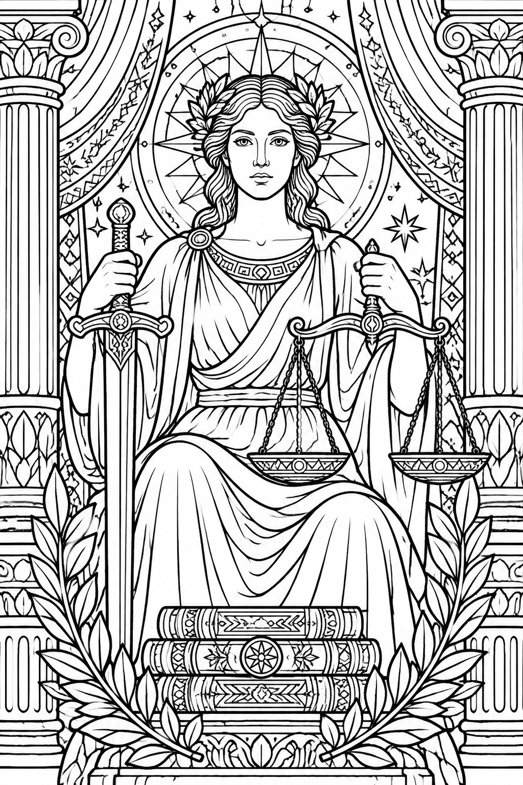 Line art of a seated robed woman holding a sword and scales, with books and laurel below, columns on each side, and a large starburst behind her head.