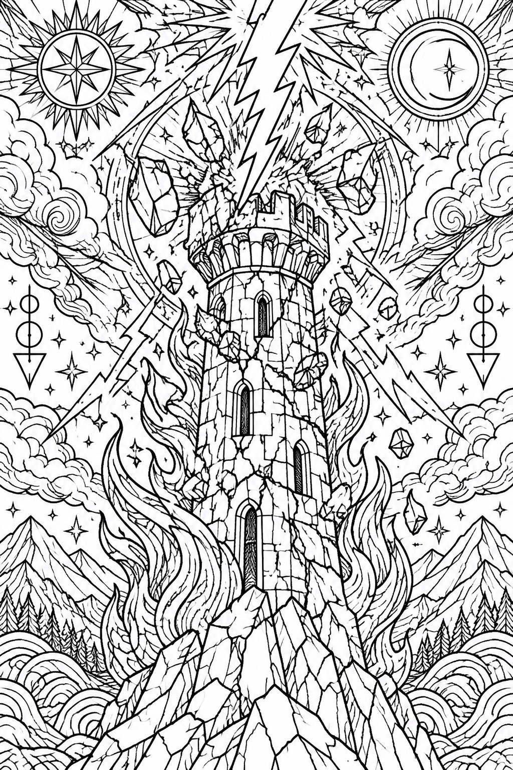 Intricate line art of a crumbling tower struck by lightning amid flames and crystals on mountains.