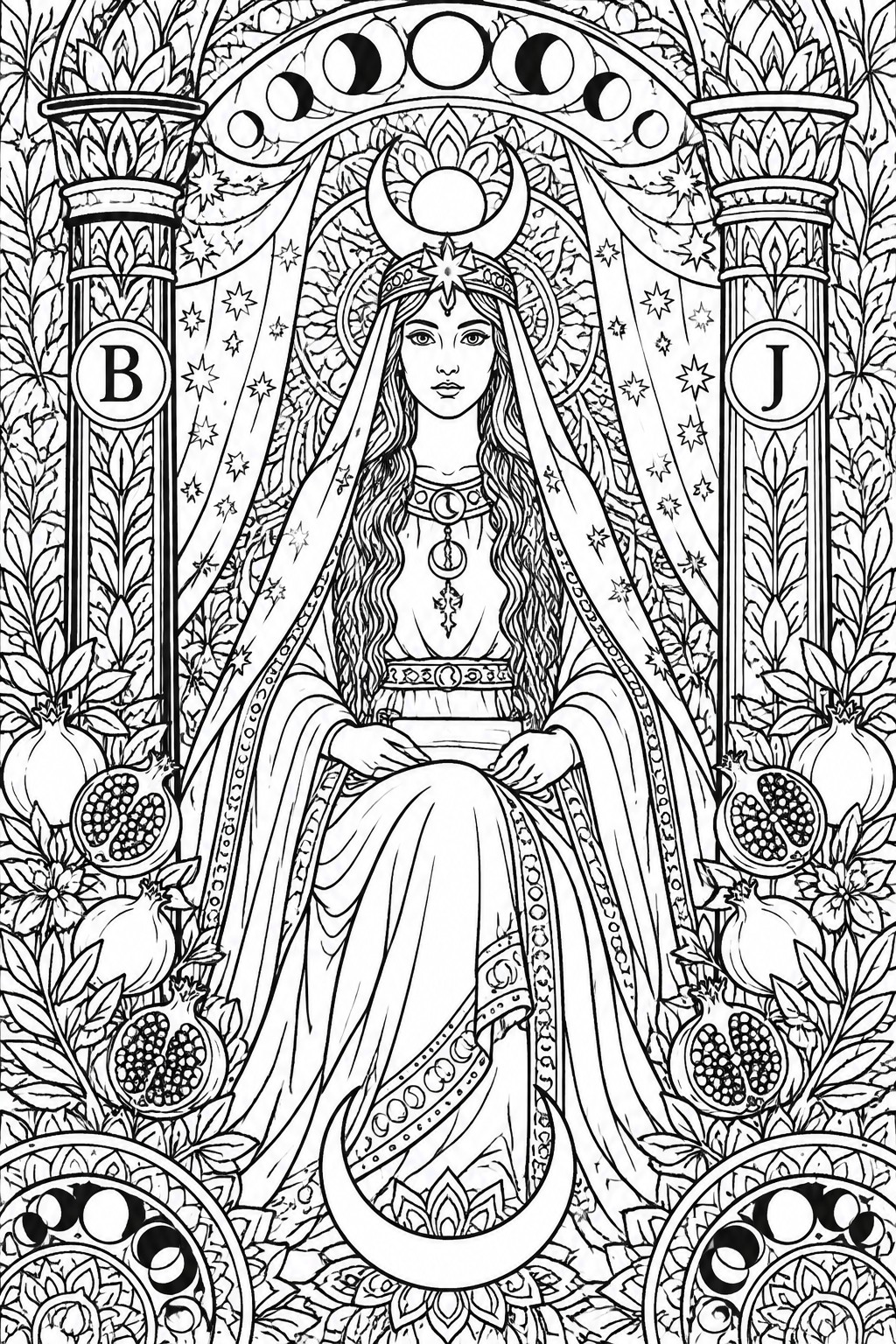 Intricate black-and-white line art of crowned woman between B and J pillars with moons and pomegranates.