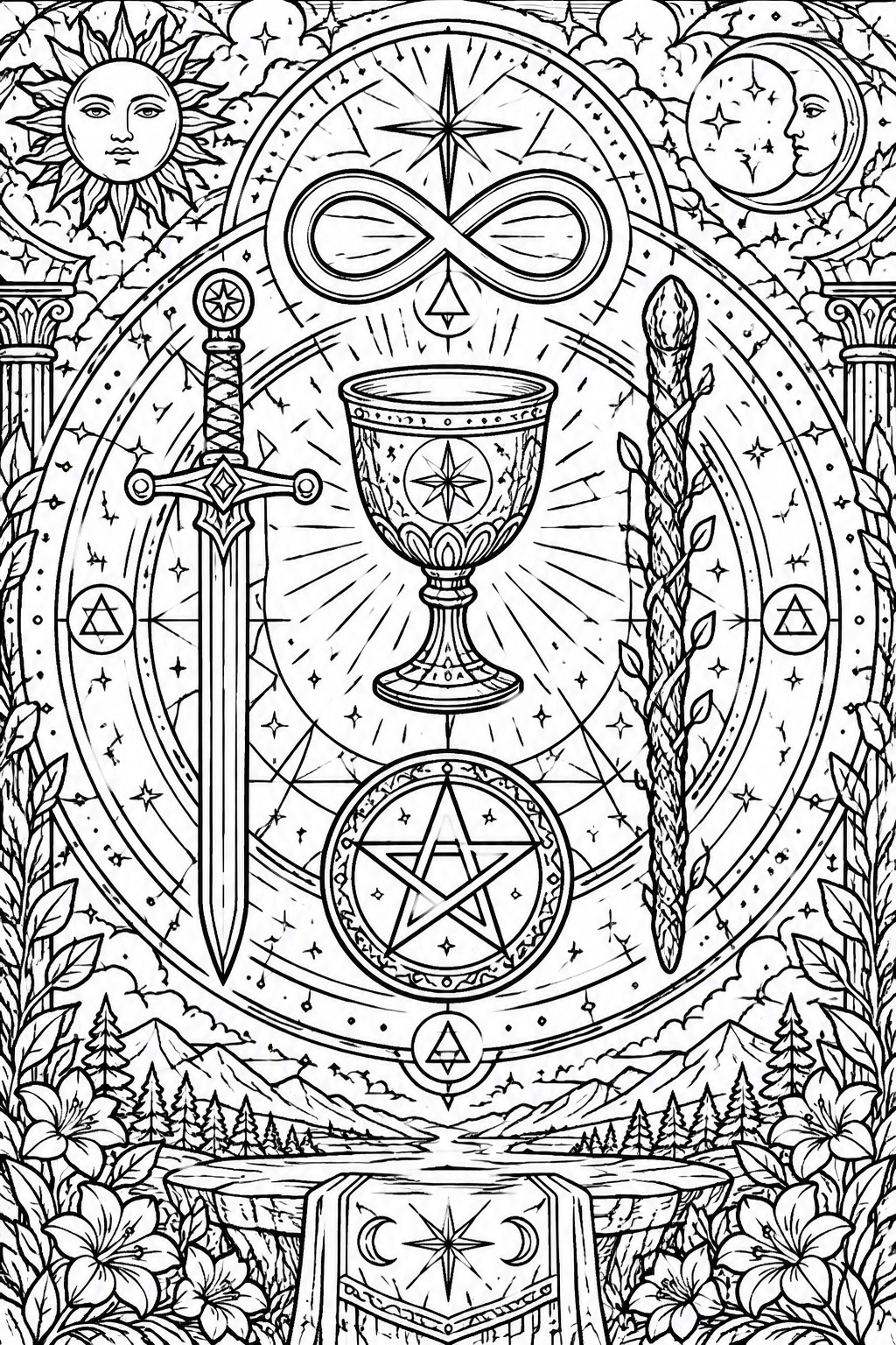 Intricate line art of esoteric symbols: sword, chalice, wand, pentagram, sun, moon, and infinity.