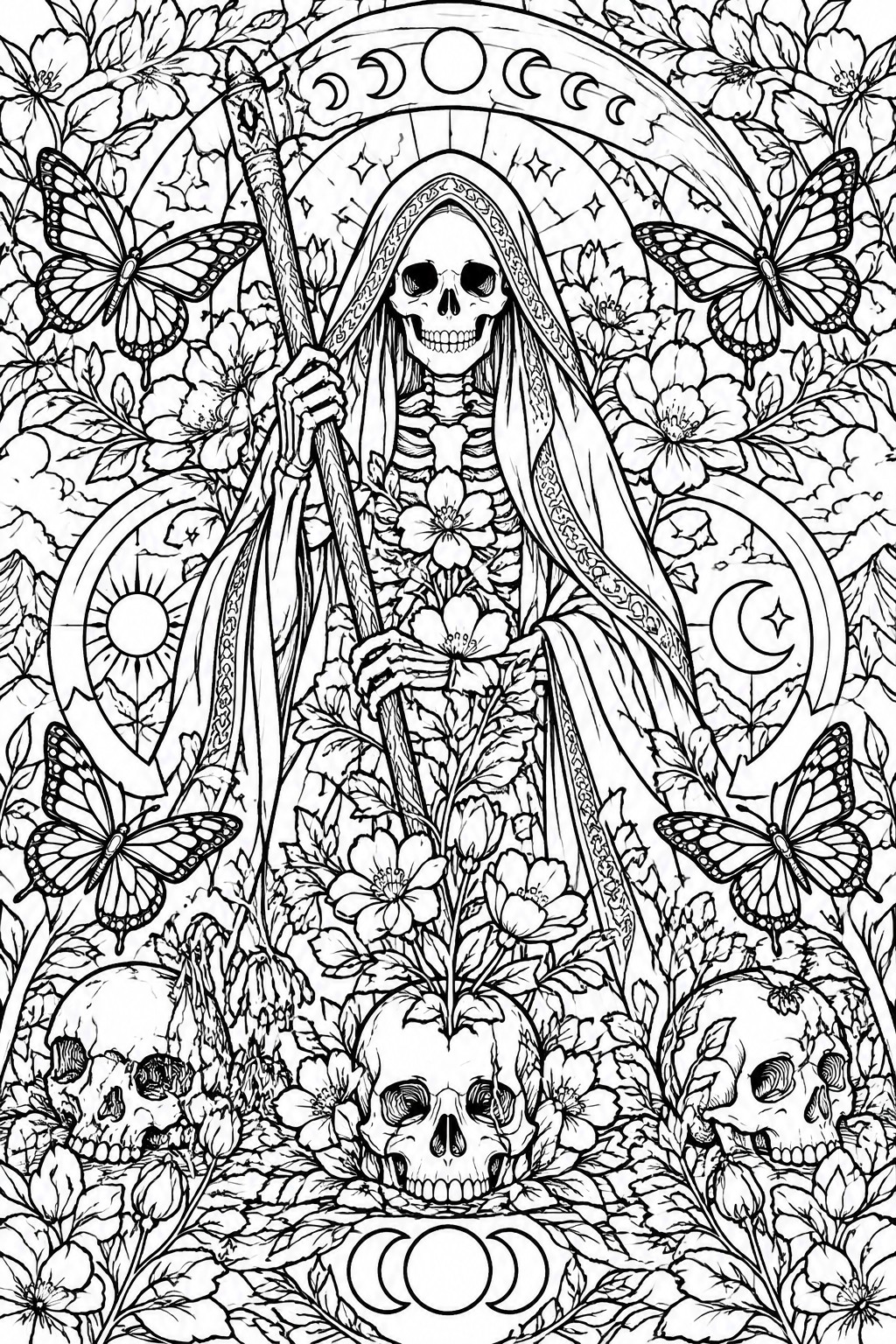 Hooded skeleton reaper holding scythe amid flowers, butterflies, skulls, and moon phases