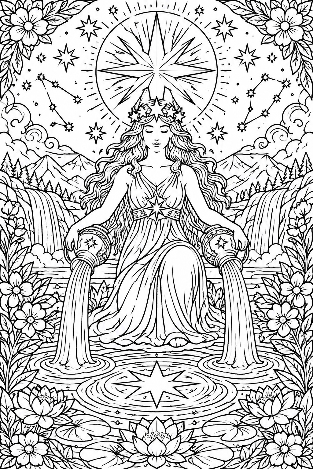 Star-crowned goddess pours water from jugs into lotus pond beneath radiant star in mountainous landscape