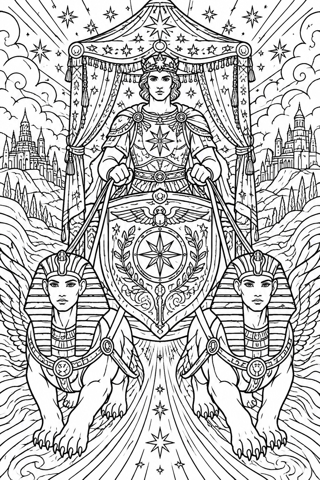 Crowned warrior woman holds star shield between two winged sphinxes under starry canopy