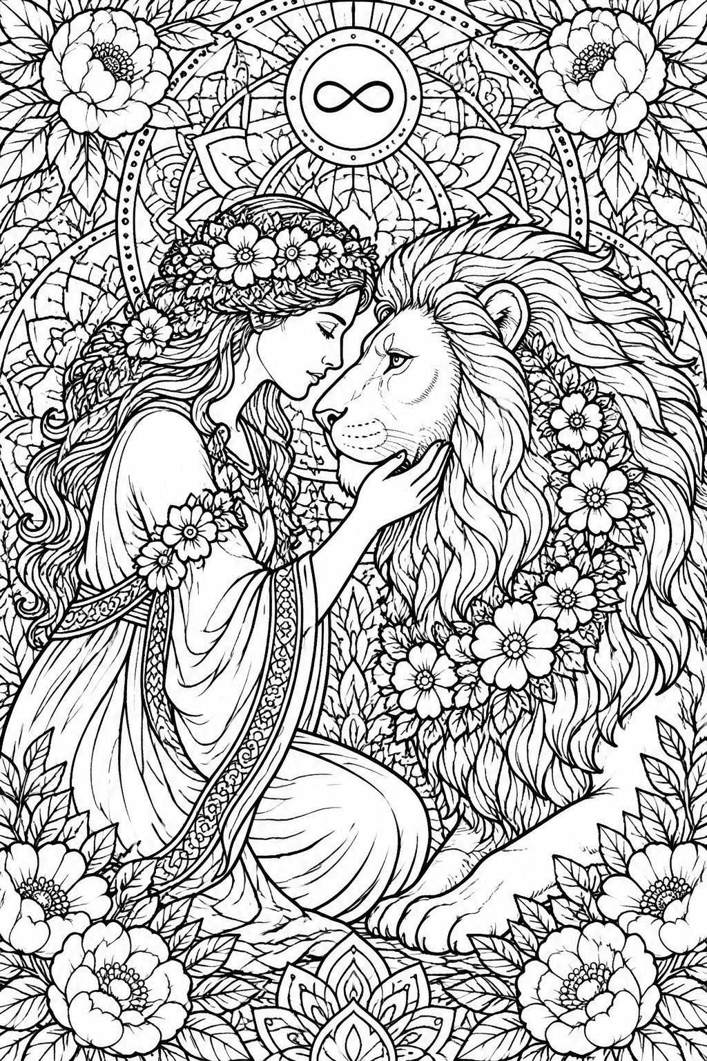 Woman with flower crown touches lion's face amid floral mandala patterns