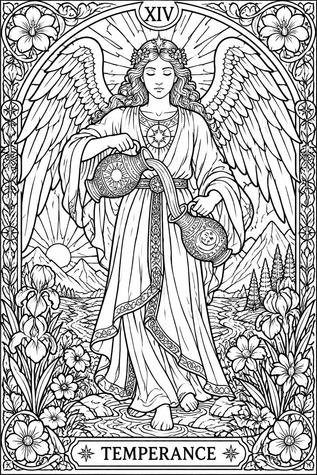 Line art of the Temperance tarot card with an angel pouring between two jugs in a mountain landscape with flowers and decorative borders.