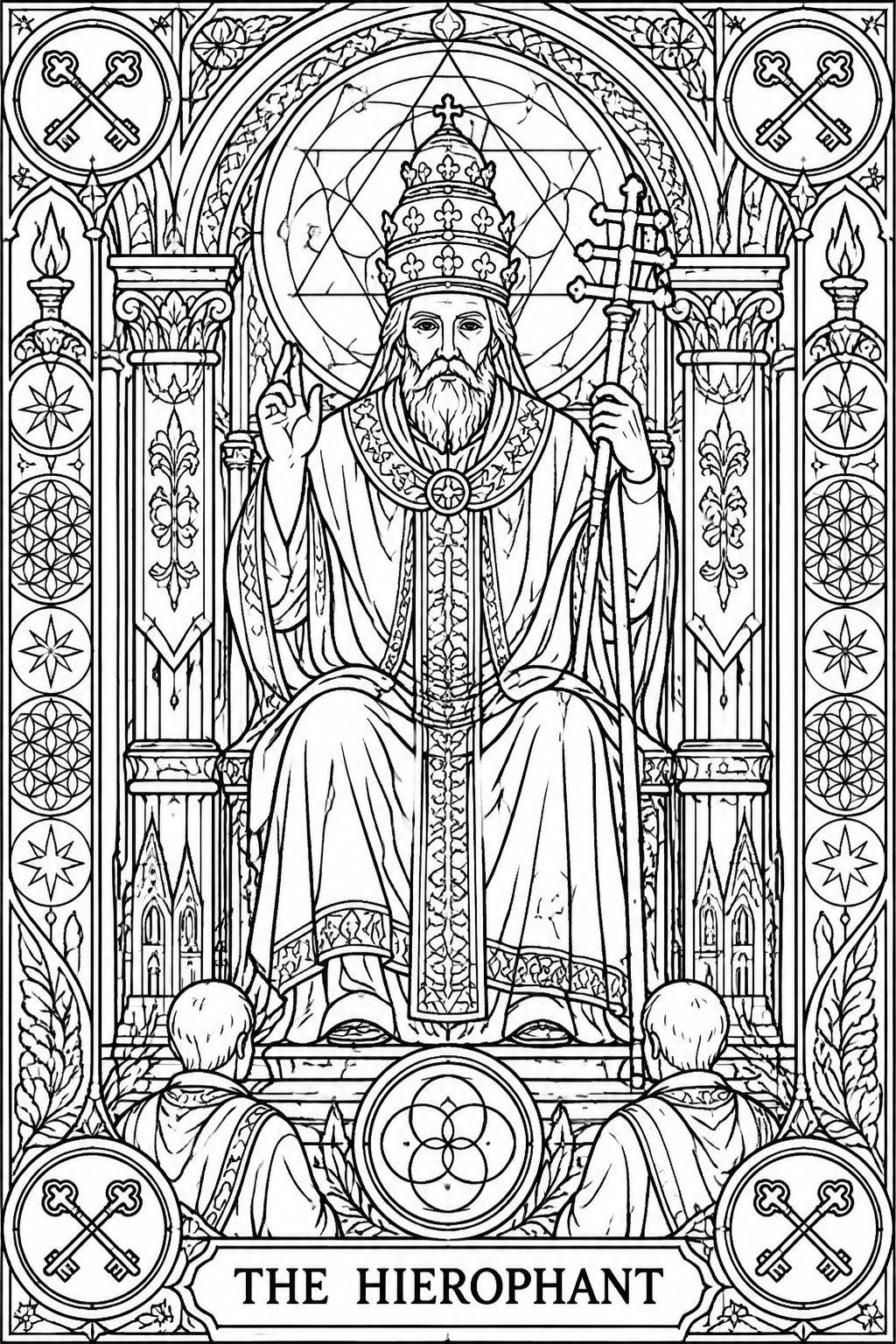 Black and white tarot card of Hierophant on throne holding staff before two figures.