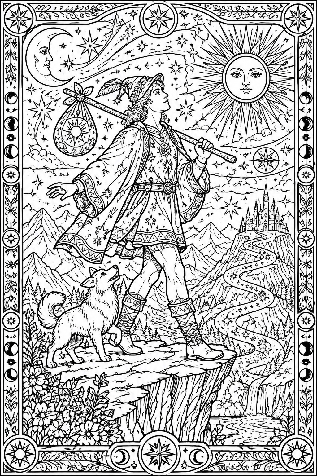 Fantasy line art of wanderer with dog on cliff under sun, moon and stars.