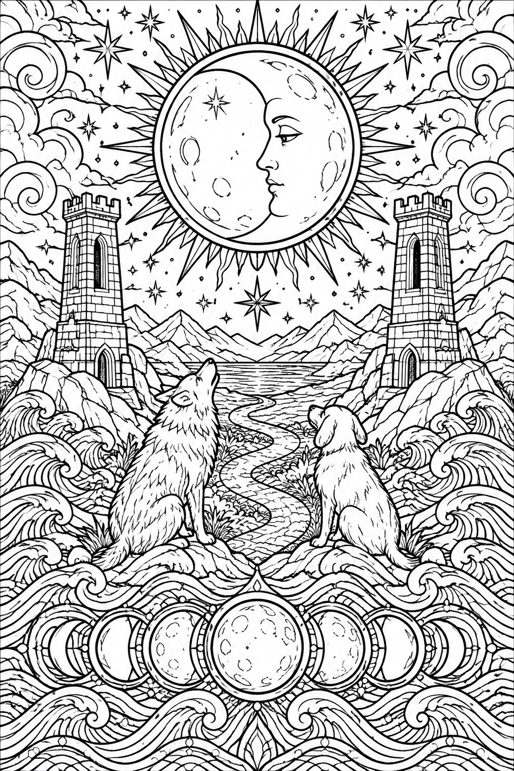 Detailed line art of wolves, sun-moon, castle towers, mountains and moon phases